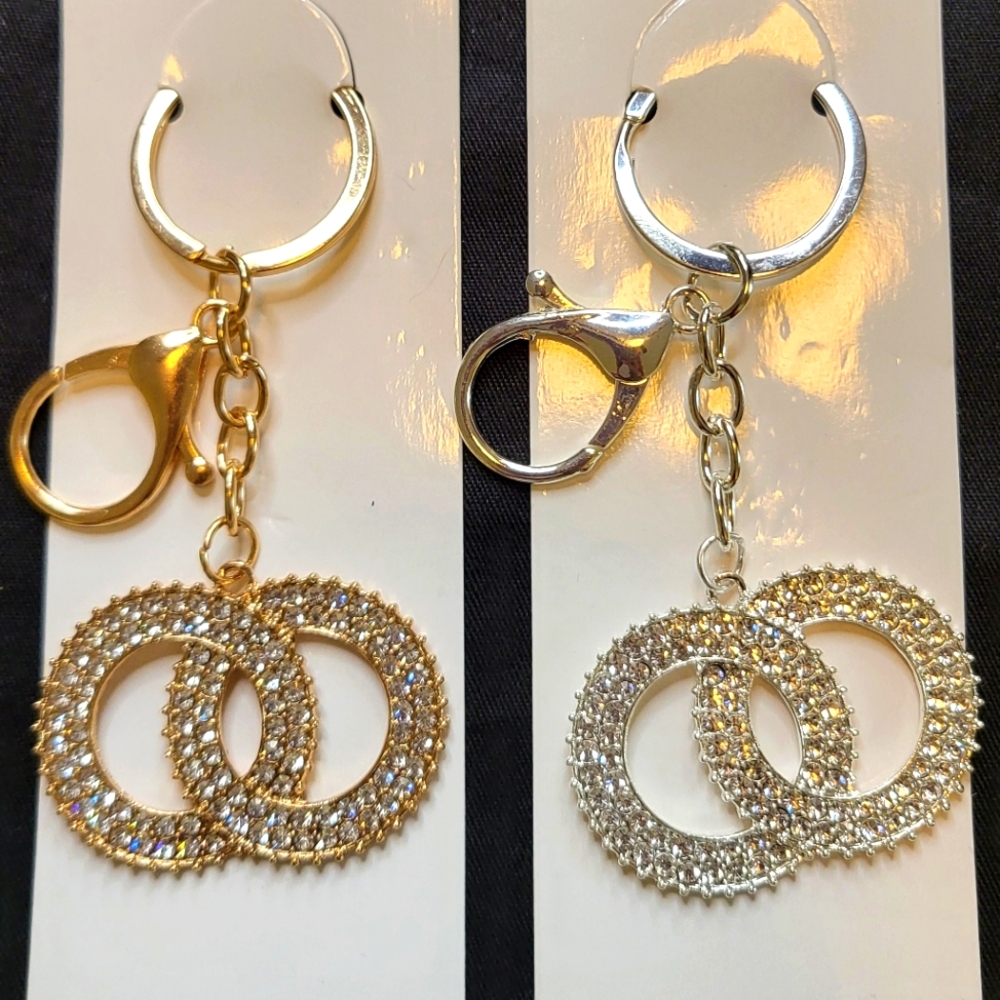 Gold/Silver Interlocking Crystal Rhinestone Circle Keychain/Bag Charm NWT